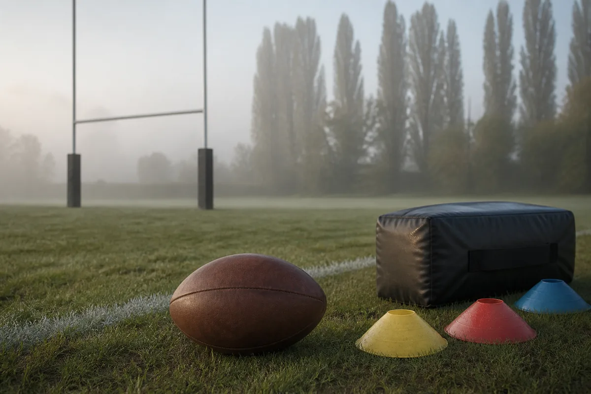 Benevoles preparant le materiel au bord d un terrain de rugby amateur