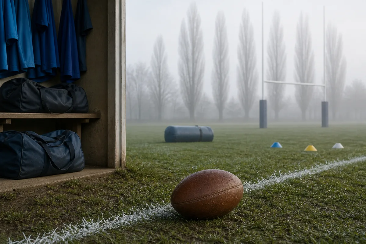 Vestiaire de club amateur avec maillots suspendus et sacs de sport