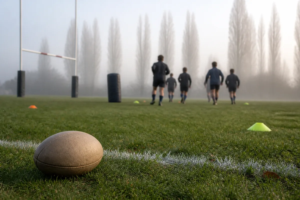 Jeunes joueurs en tenue lors d une seance d ecole de rugby sur un terrain herbeux