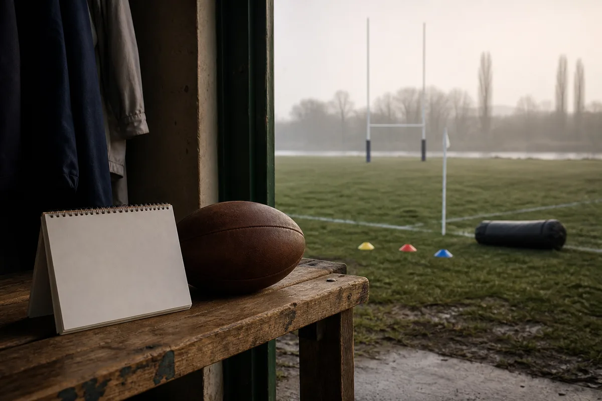 Calendrier et ballon de rugby poses sur un banc de vestiaire de club amateur
