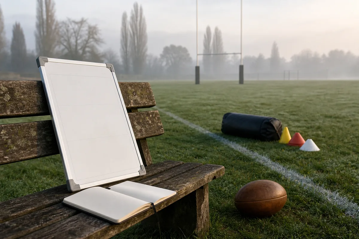 Tableau tactique et carnet de notes poses sur un banc au bord d un terrain