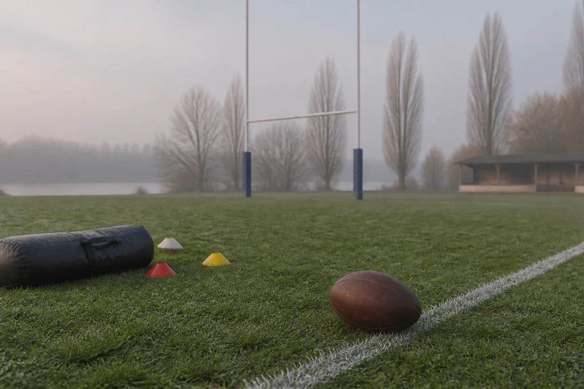 Poteaux de rugby dressés sur un terrain dans la brume matinale des bords de Loire