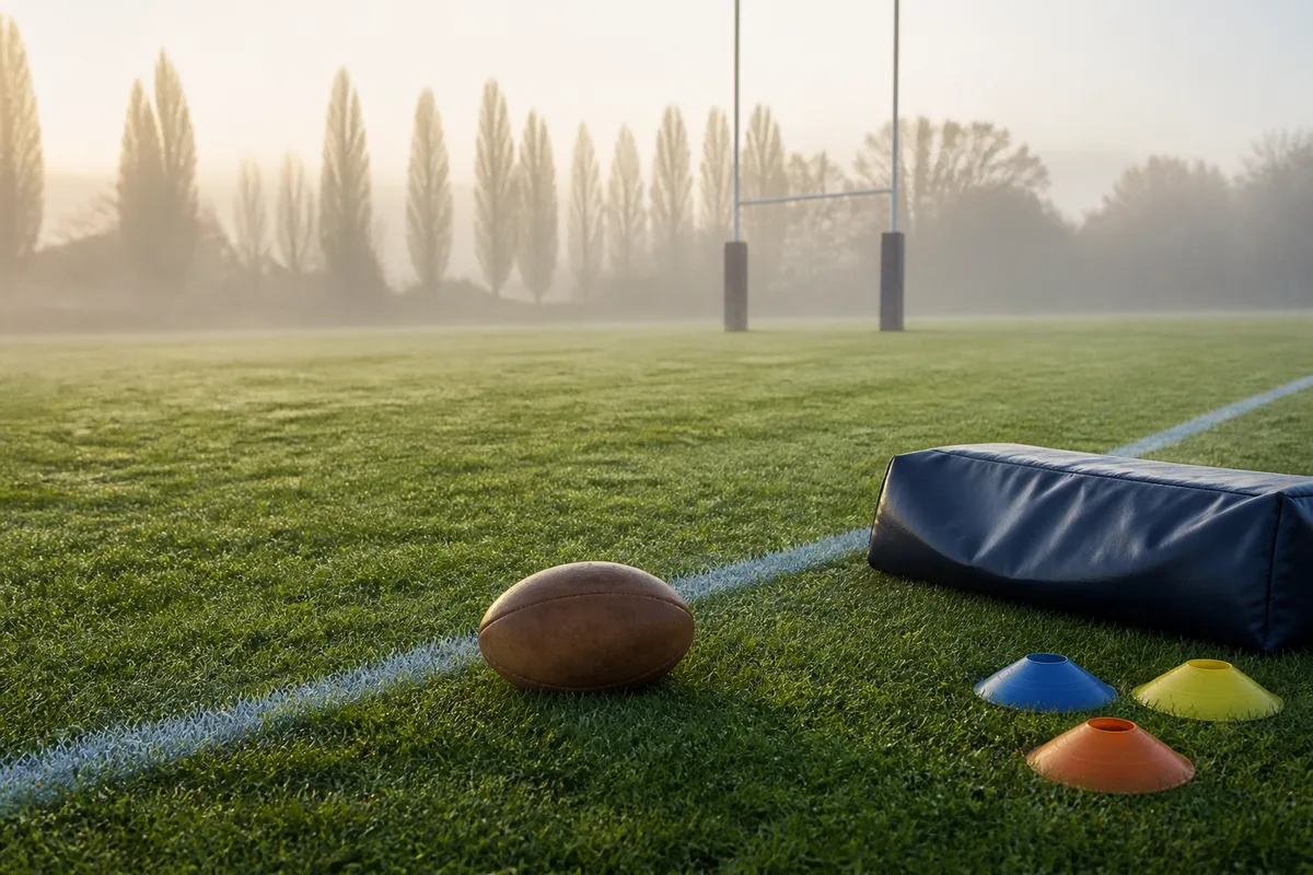 Poteaux et pelouse d un terrain de rugby amateur au petit matin