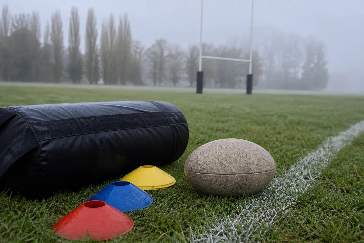Ballons de rugby et plots ranges au bord d un terrain de club amateur